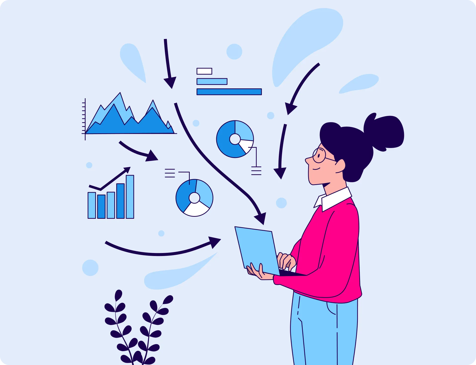 Person in glasses using a laptop with various blue charts and graphs floating around, connected by arrows.