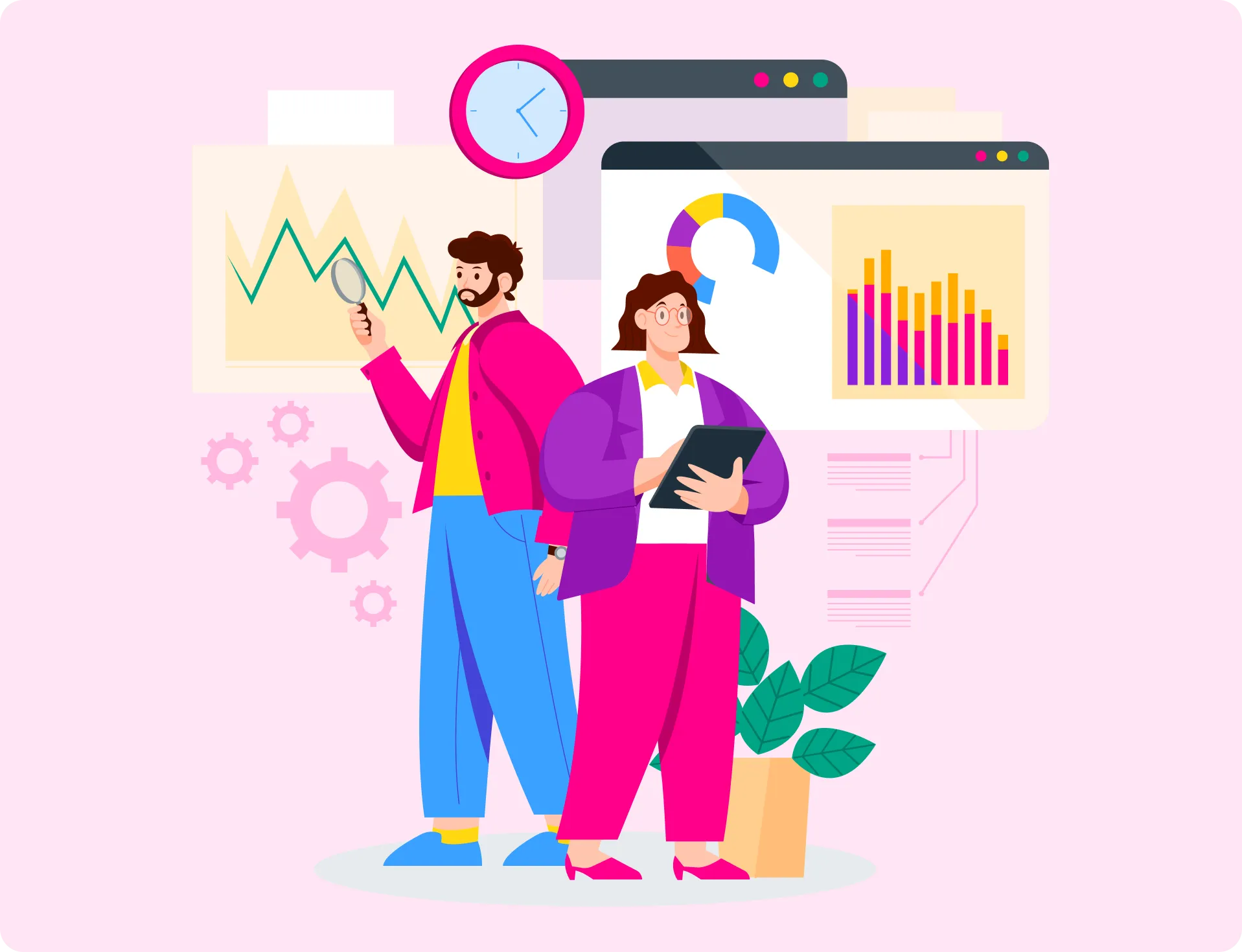 Illustration of a man with a magnifying glass examining a line graph and a woman holding a tablet standing in front of colorful data charts and a clock.