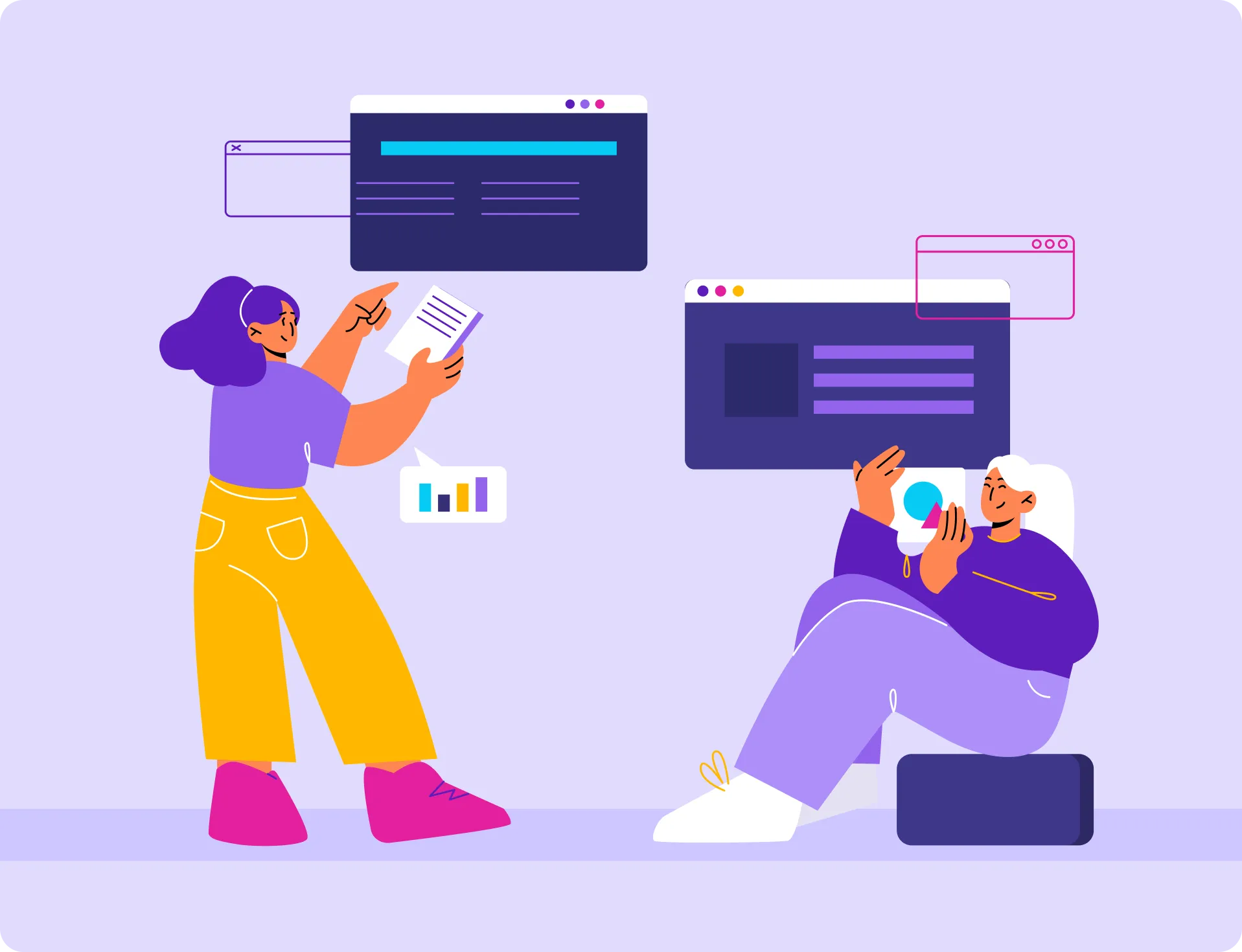 Two people interacting with floating digital interface elements and charts on a light purple background.