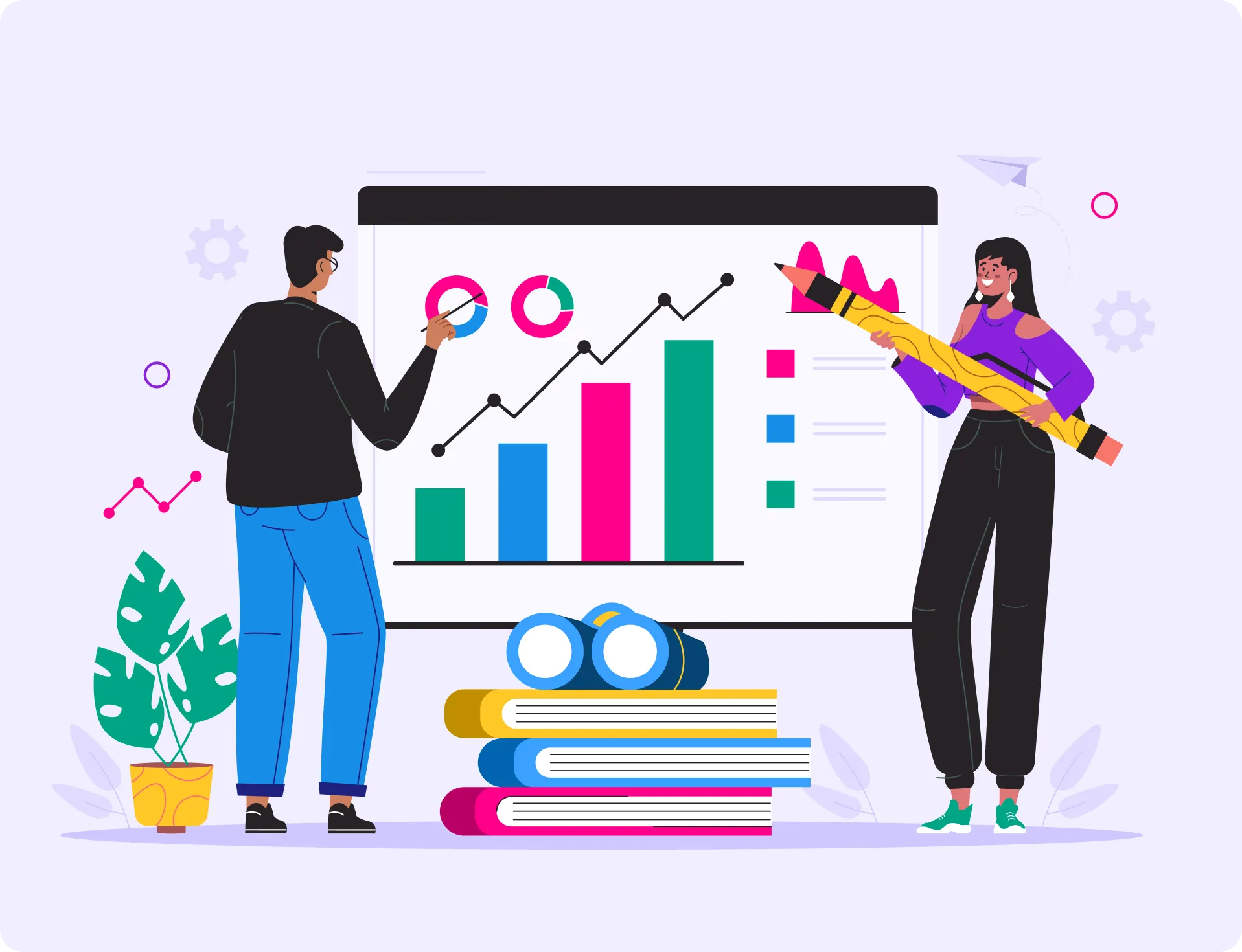 Illustration of two people analyzing colorful bar and pie charts on a whiteboard, with stacked books and binoculars in the foreground.