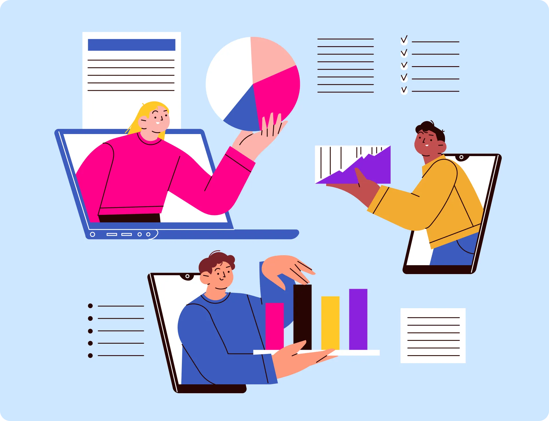 Illustration of three people emerging from screens, each holding different types of charts including a pie chart, a line graph, and a bar chart, symbolizing virtual data collaboration.