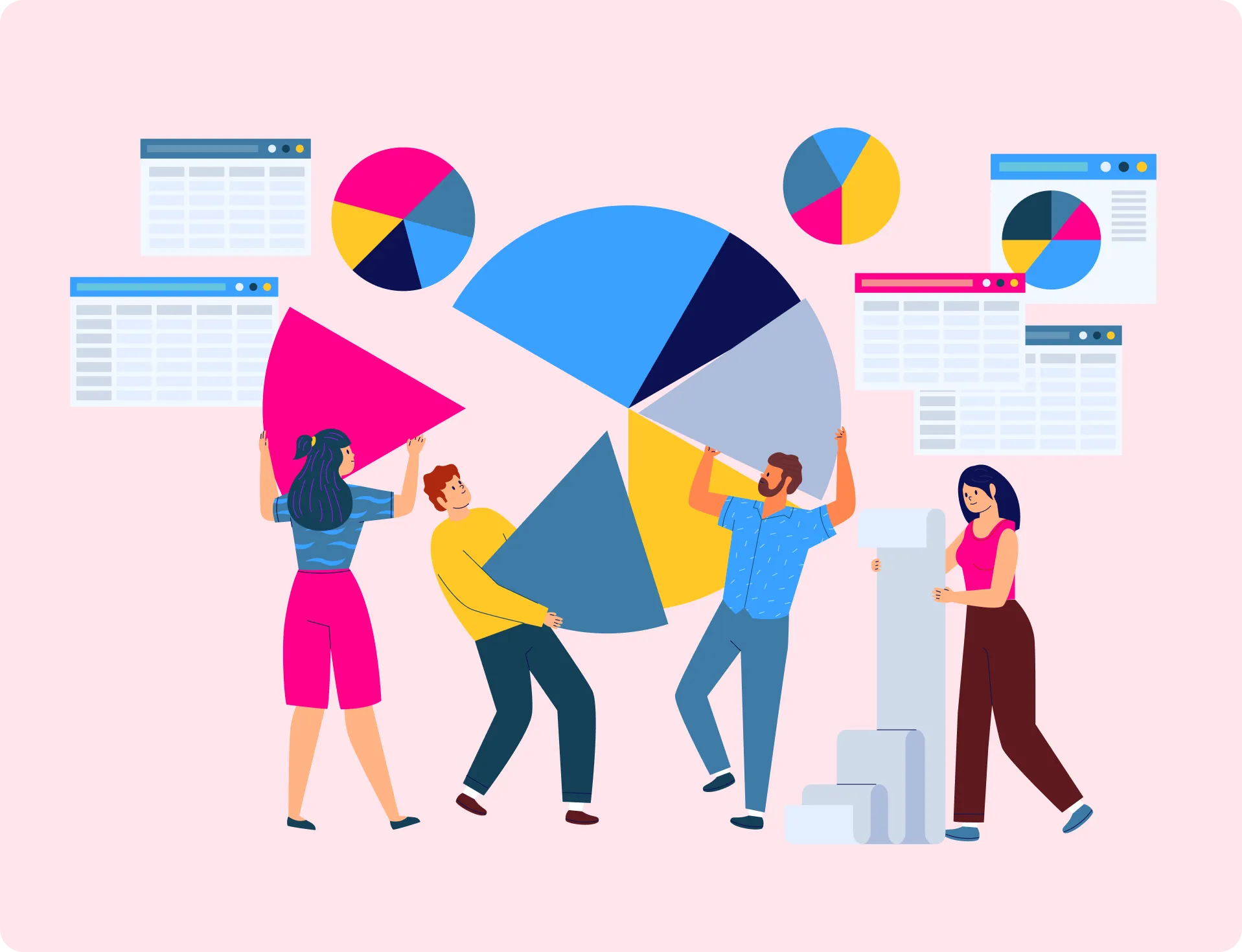 Four people collaborate to assemble large colorful pie chart pieces with smaller charts and data tables in the background.