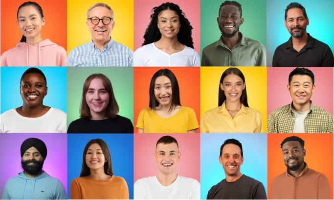 A diverse group of fifteen smiling people of different ages and ethnicities in colorful shirts against vibrant gradient backgrounds arranged in three rows.