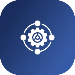White gear symbol surrounded by four connected dots on a dark blue rounded square background.