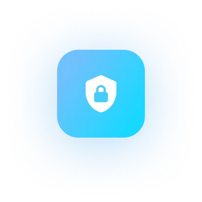 Blue square icon with rounded corners featuring a white shield and padlock symbol representing security.