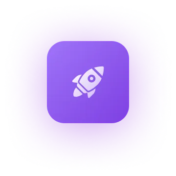 White rocket icon centered on a rounded purple square background.