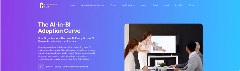 Website banner showing three people analyzing bar charts on a large monitor with headline about AI-in-BI adoption curve and text explaining how AI-ready BI accelerates business intelligence.