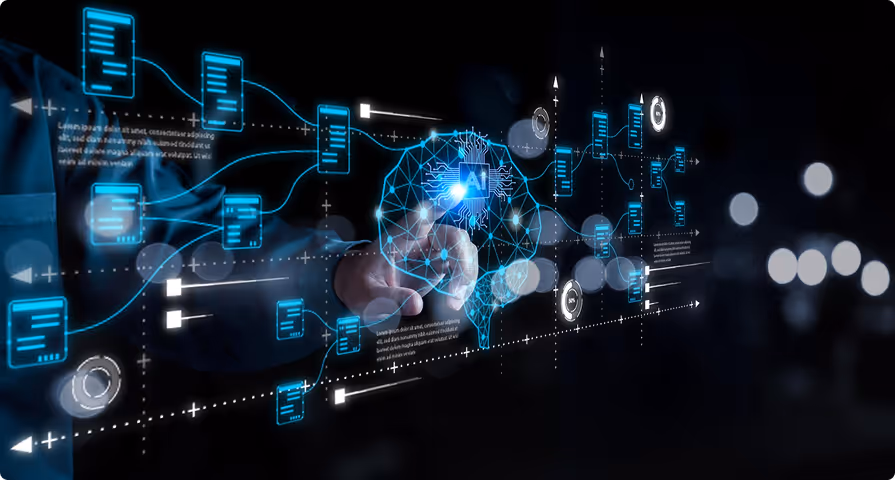 Hand interacting with a digital AI brain network interface displaying interconnected data nodes.